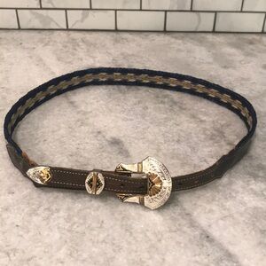 Vintage Western Belt Womens 34 Blue Woven Gold SilverTone Buckle Leather Cowgirl